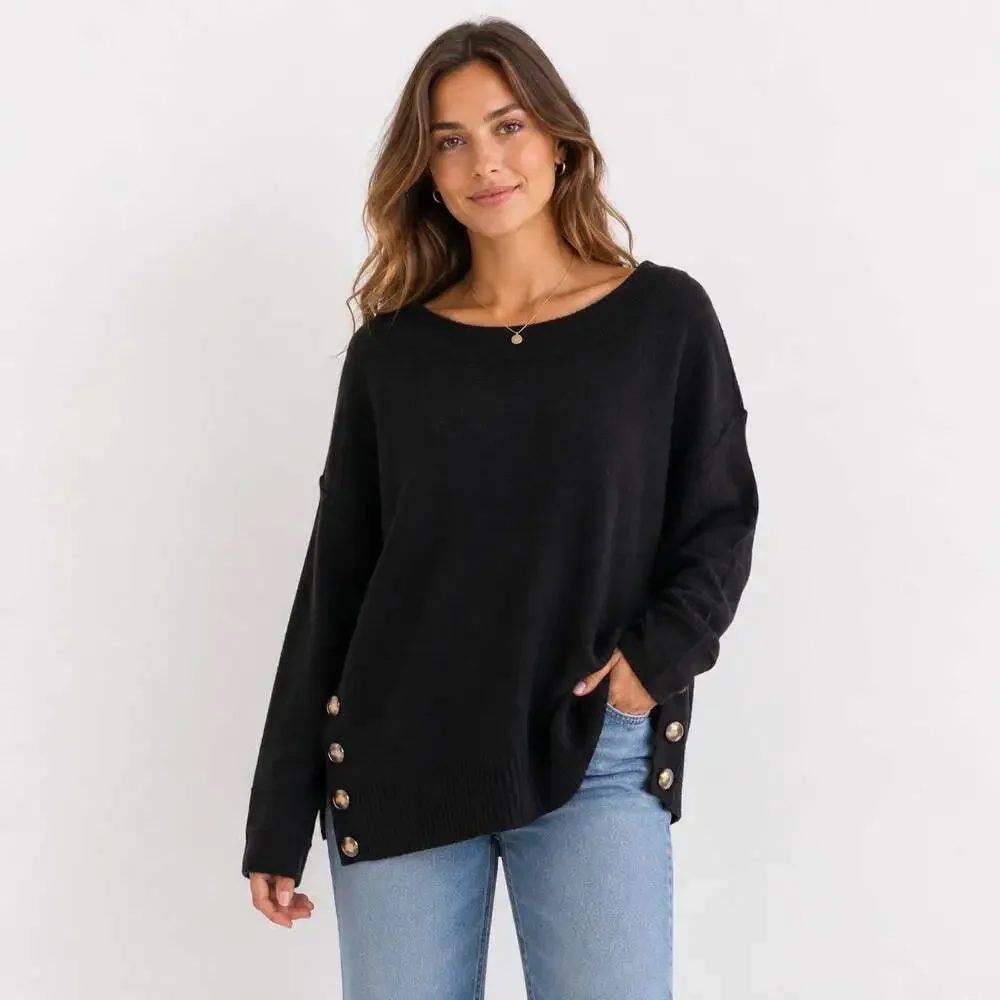 Democracy Womens Size Large Black Sweater Oversized Button Side Slit Hem